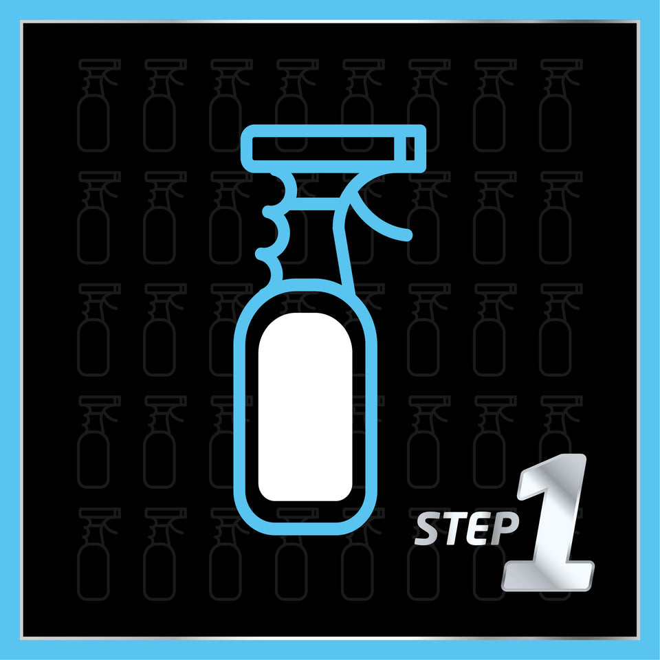 spray bottle icon with 'step 1' beside