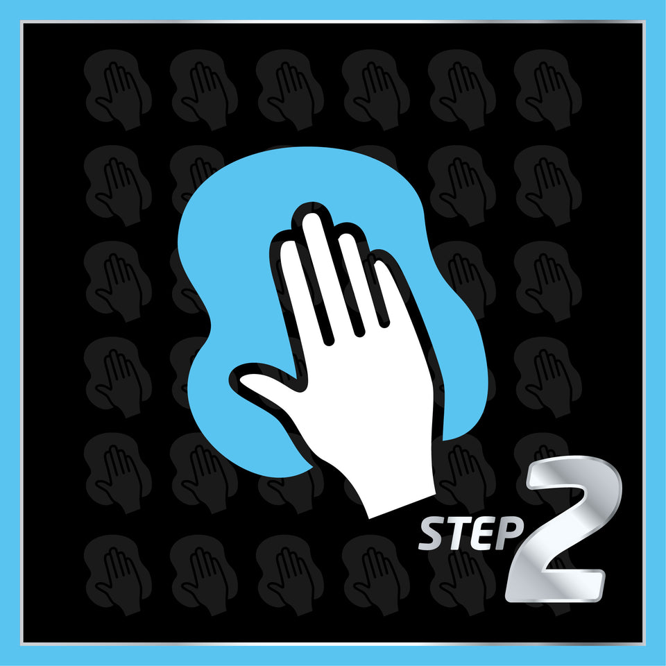 icon of hand with a cloth with words 'step 2' beside.